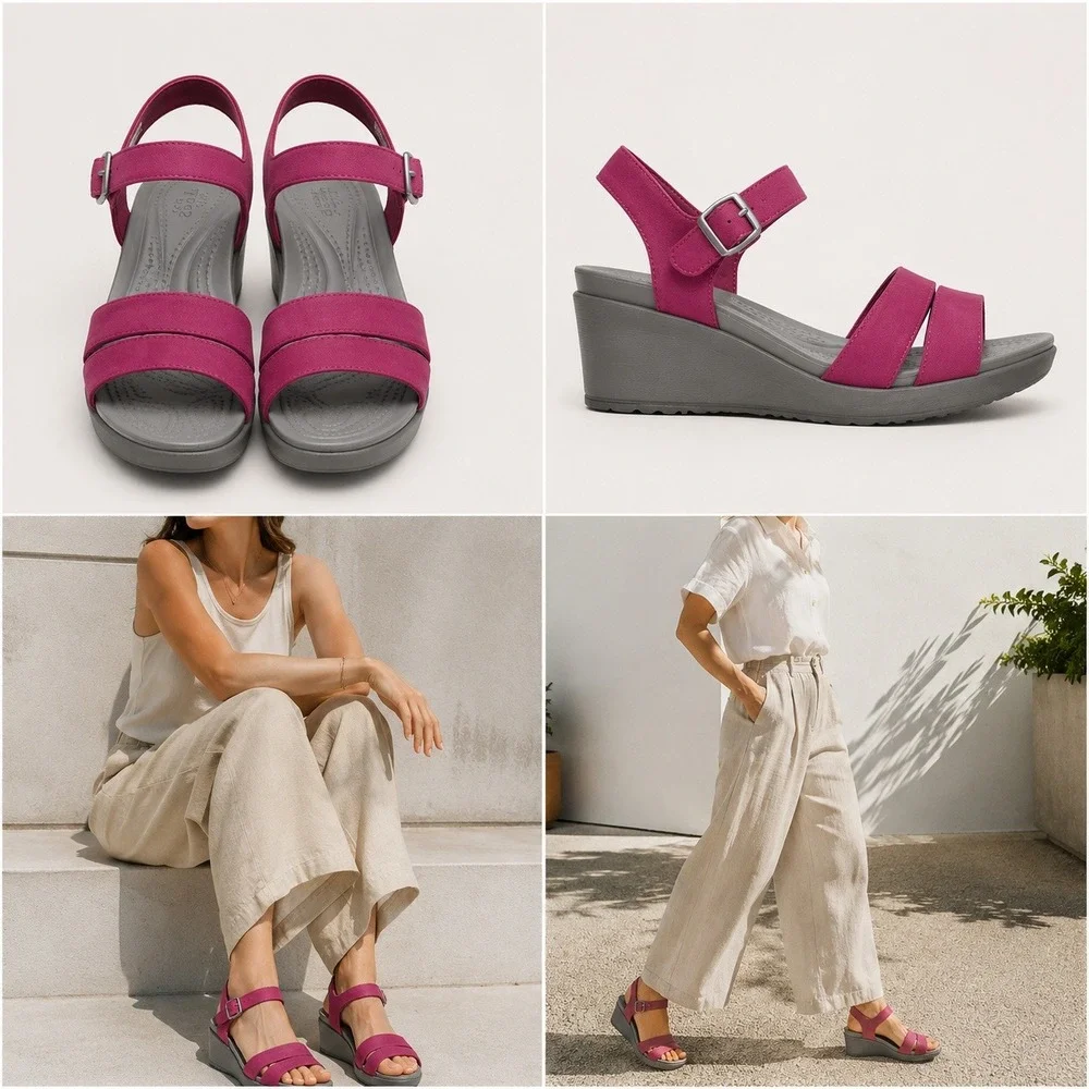 Crocs Leigh II Ankle Strap Wedge Sandals Magenta Pink Charcoal Grey Womens 8